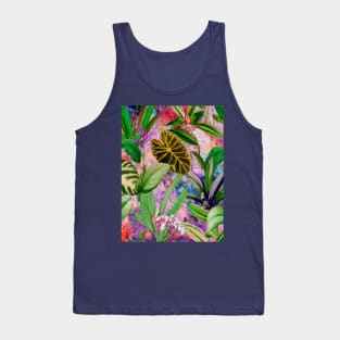 Tropical tropical floral leaves and foliage botanical illustration, pink purple leaves pattern over a Tank Top